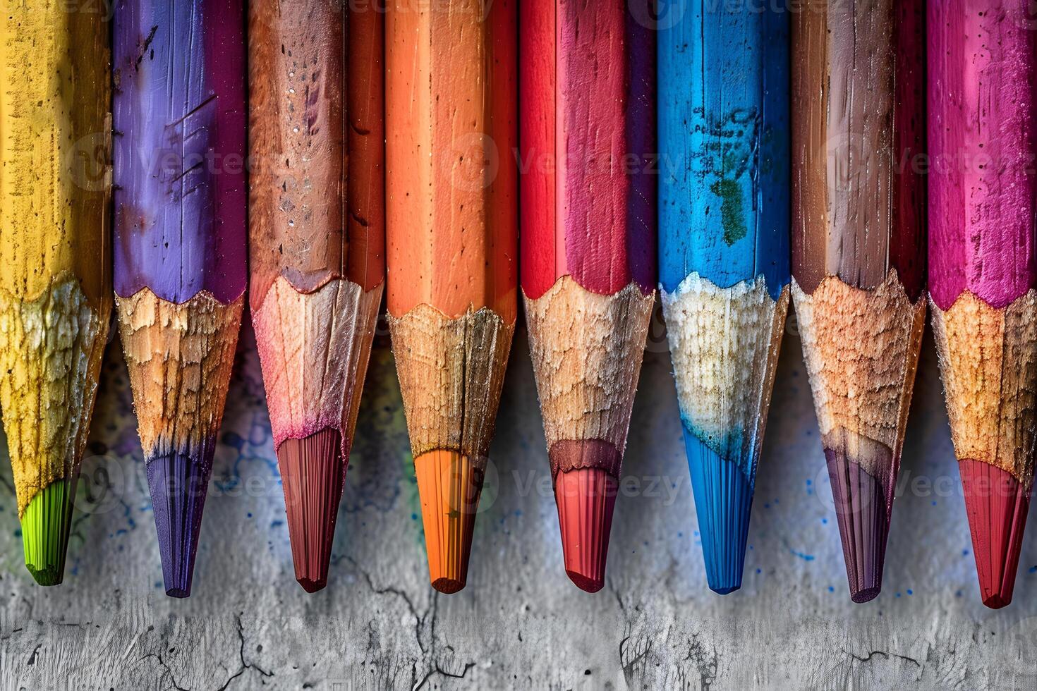 Colorful Close-Up of Worn Colored Pencils on Textured Surface for Art and Design Inspiration photo