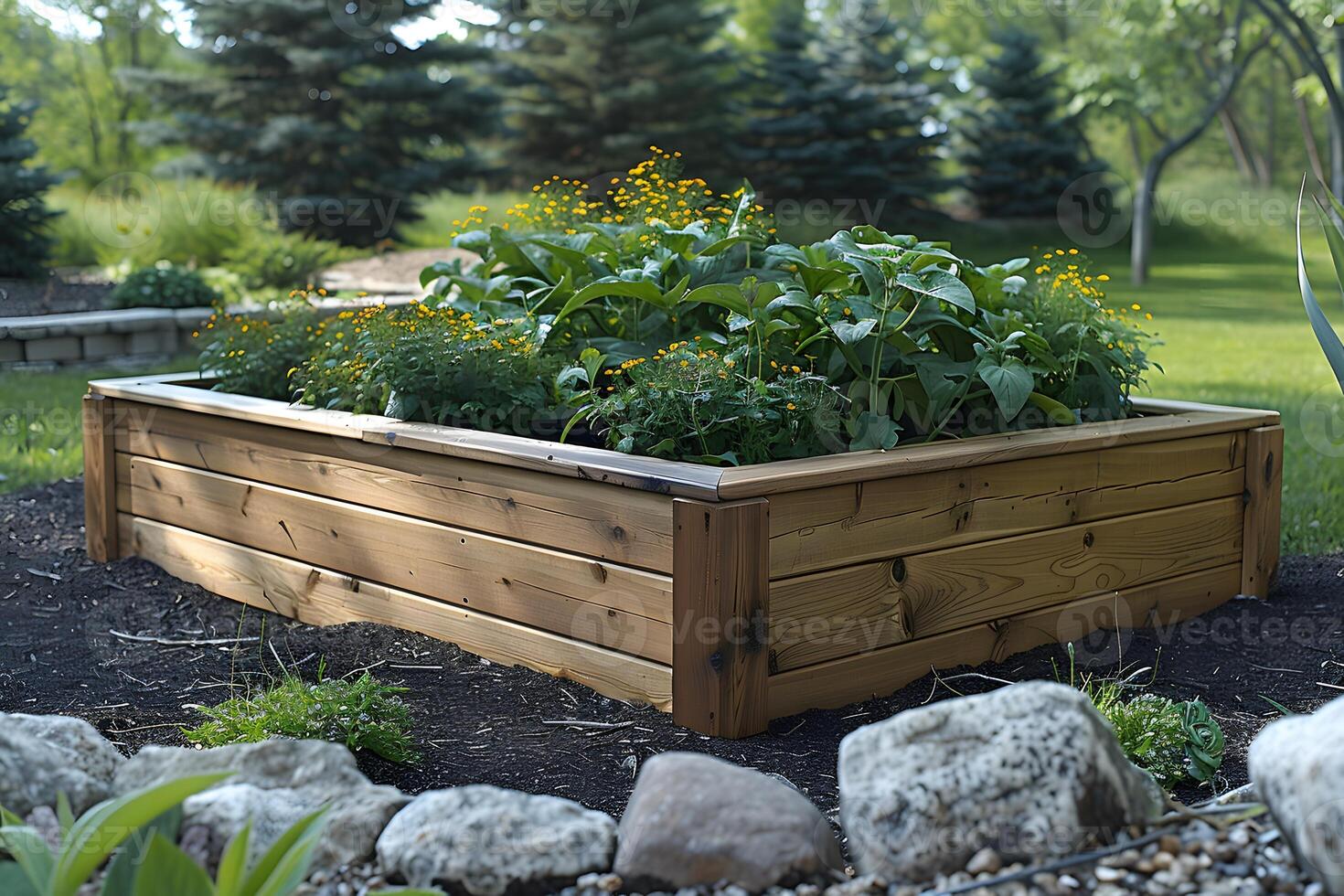 Lush Raised Garden Bed with Vegetables and Flowers in a Tranquil Outdoor Setting photo