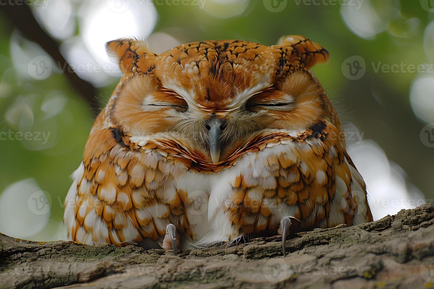 Peaceful Tawny Owl Resting on a Tree Branch in Sunlit Forest photo