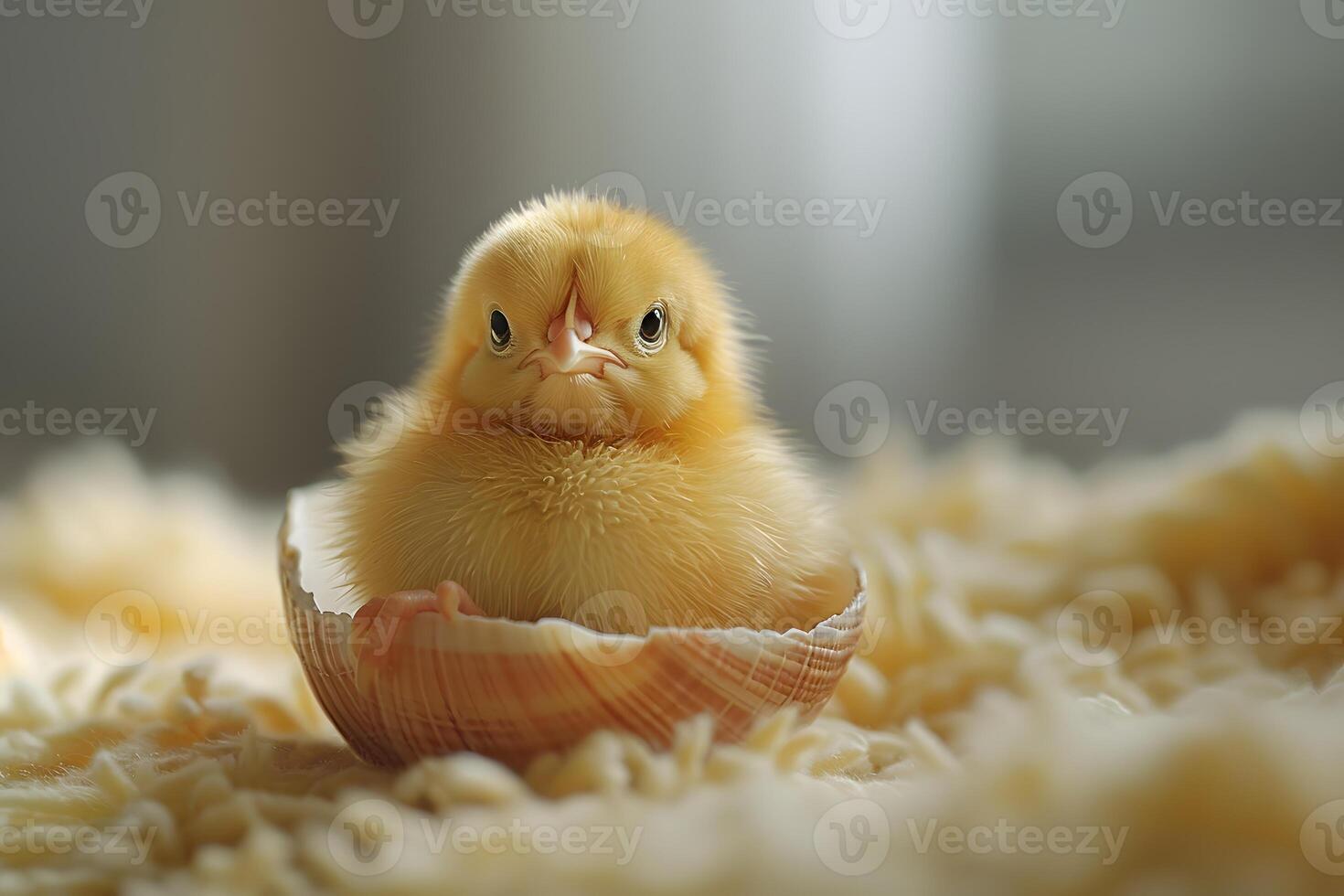Adorable Fluffy Chick in Eggshell Perfect for Easter Decorations and Spring Themes photo