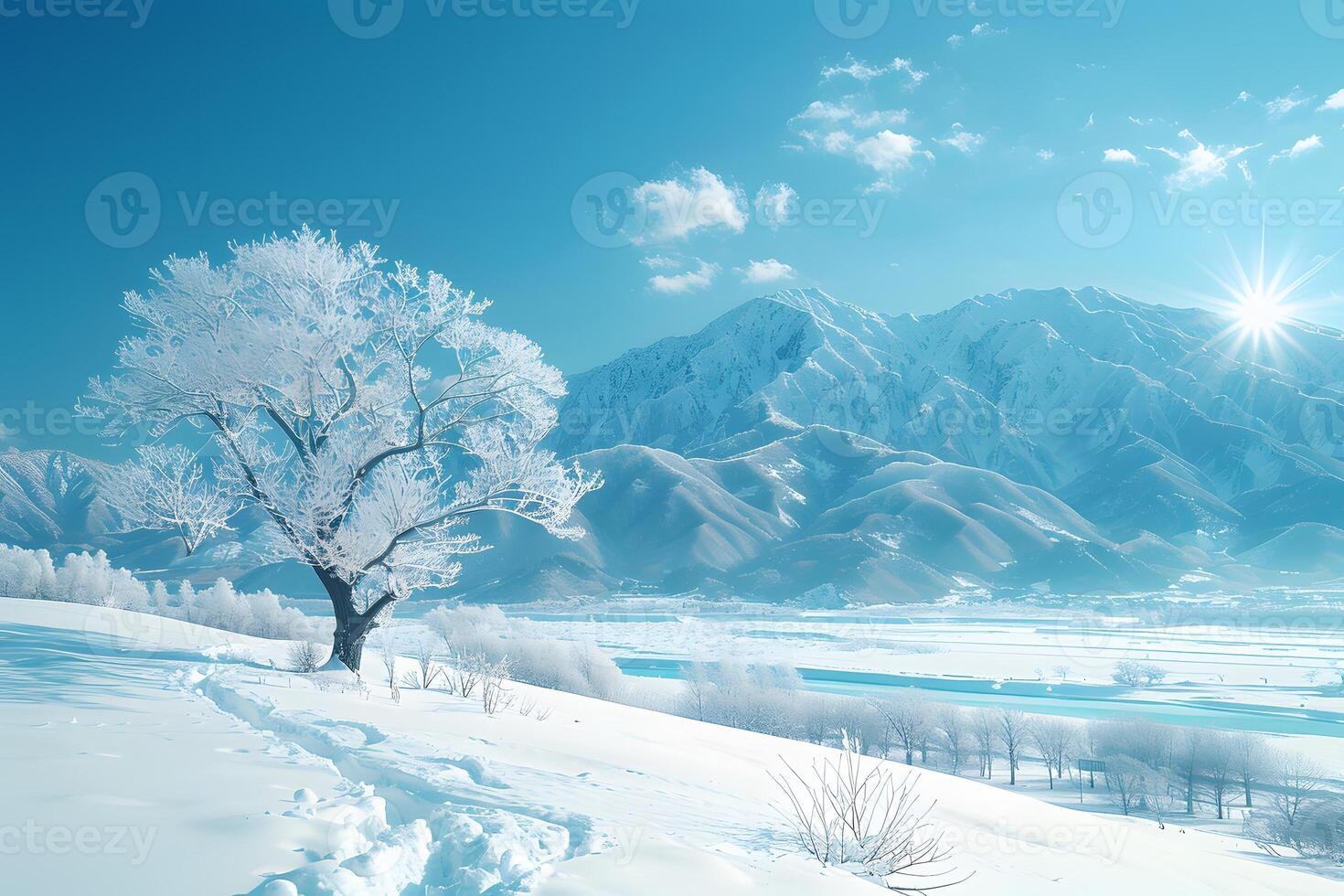 Winter Wonderland Landscape Snowy Tree and Mountains under Clear Blue Sky photo