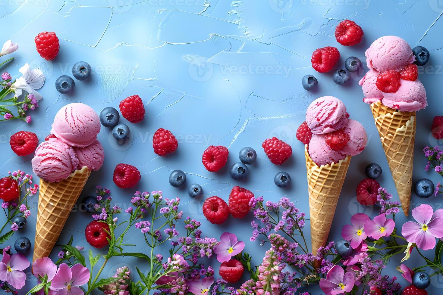 Summer Berry Delight with Ice Cream Cones and Floral Accents on Blue photo