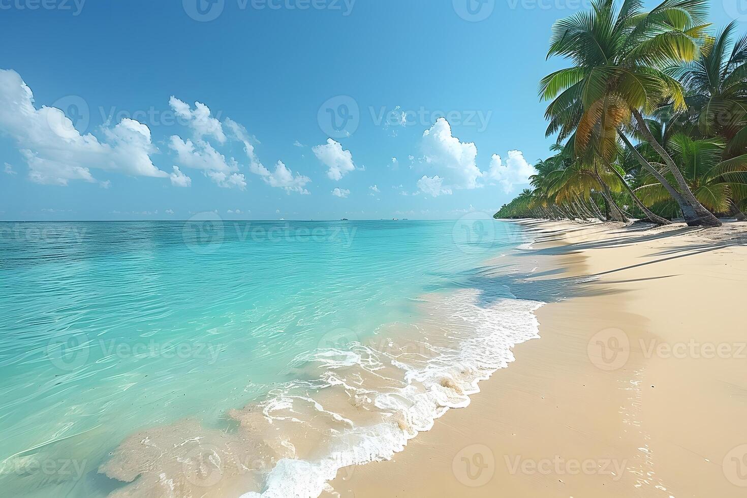 Tranquil Tropical Beach with Palm Trees and Crystal Clear Ocean Waves photo