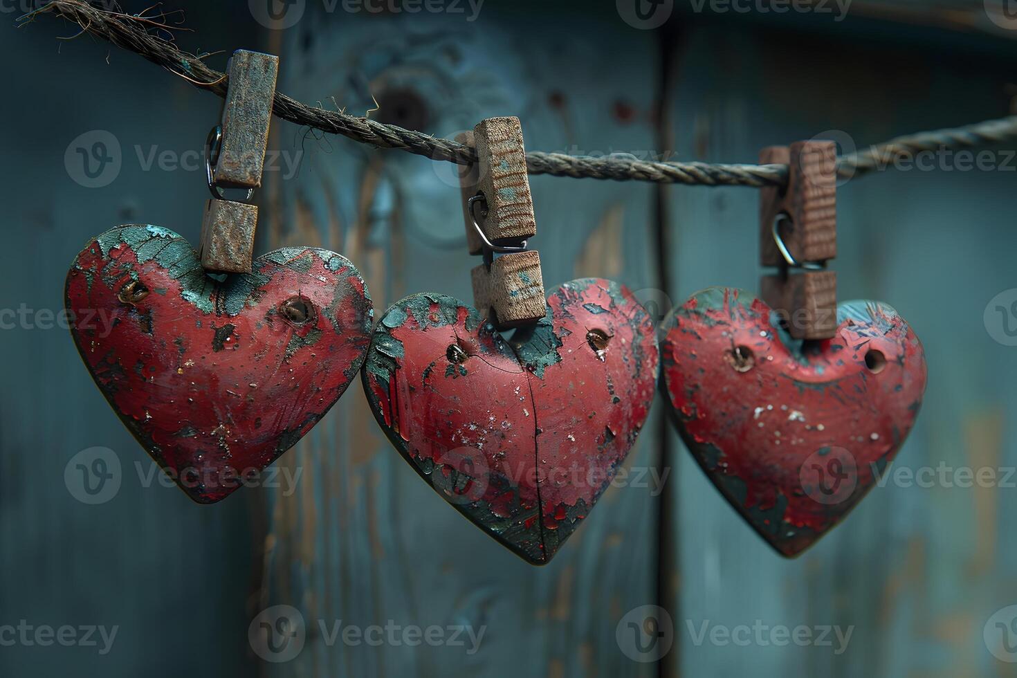 Rustic Wooden Hearts on Rope with Clothespins - Vintage Valentine's Decoration photo