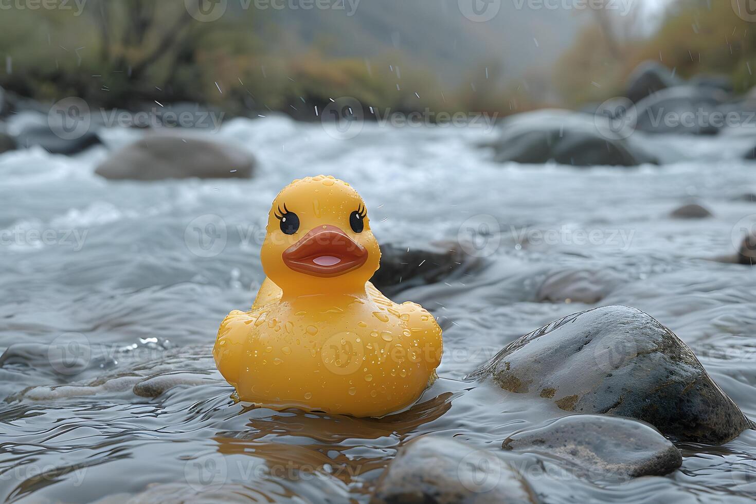 Yellow Rubber Duck in Tranquil River Setting for Nature-Themed Design photo