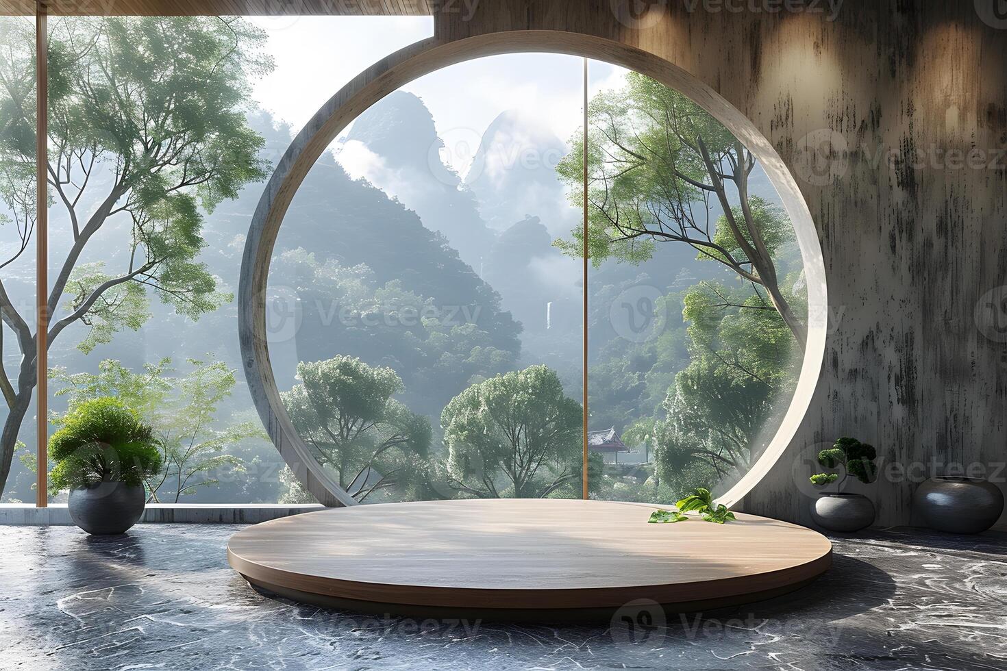 Tranquil Zen Interior with Panoramic Mountain View Through Circular Window photo