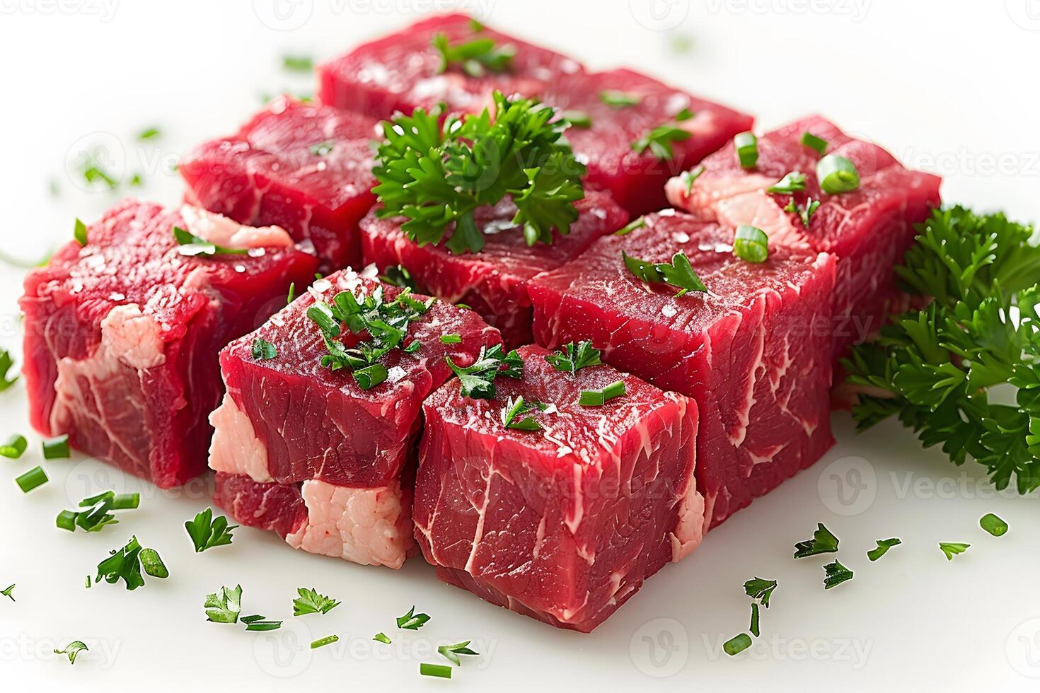 Fresh Raw Beef Cubes Garnished with Parsley and Chives for Culinary Preparation photo