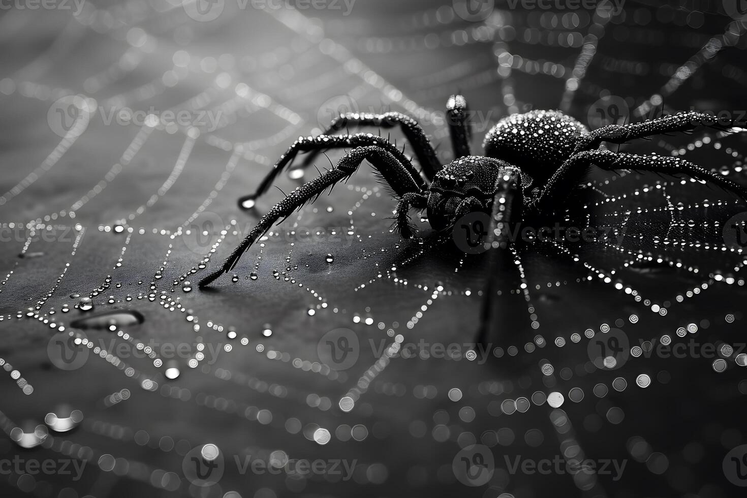 Black and White Spider on Dew-Covered Web Nature, Macro, and Wildlife photo