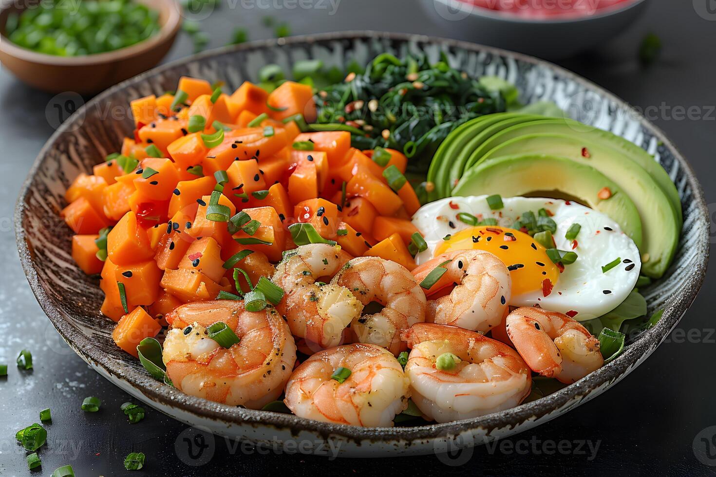 Delicious Shrimp and Sweet Potato Bowl with Avocado and Egg - Perfect for Healthy Meals and Food Blogs photo