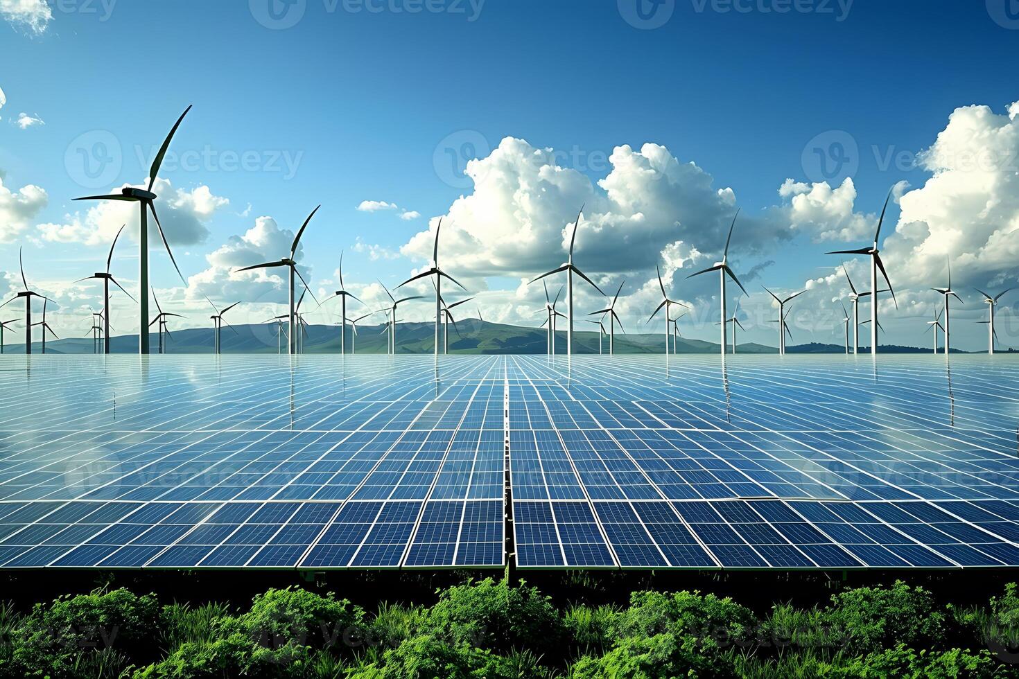 Renewable Energy Concept Expansive Solar Panels and Wind Turbines in Scenic Landscape photo