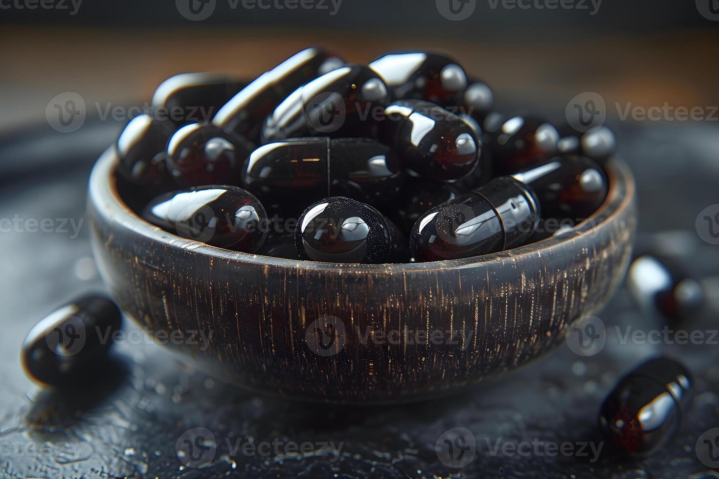 Natural Dietary Supplements in Wooden Bowl for Health and Wellness photo