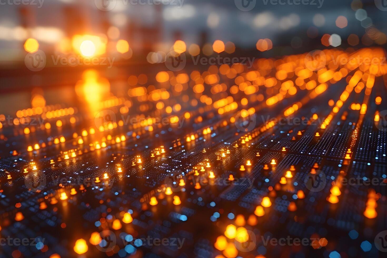 Futuristic Technology Landscape with Glowing Digital Network in Sunset Light photo