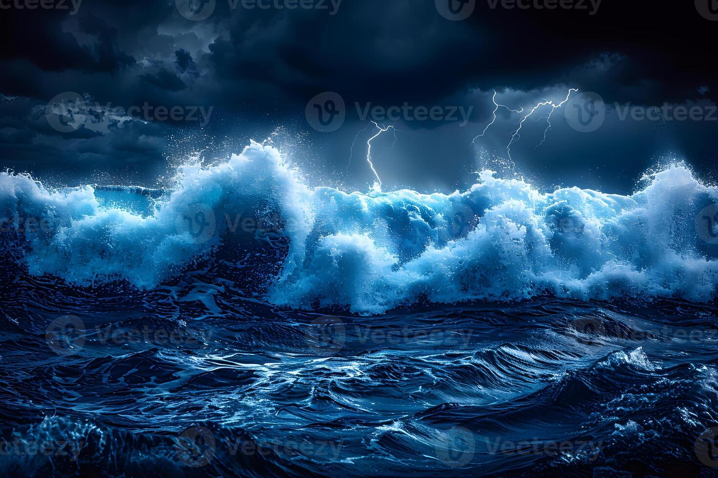Dramatic Ocean Waves and Lightning during a Stormy Night photo