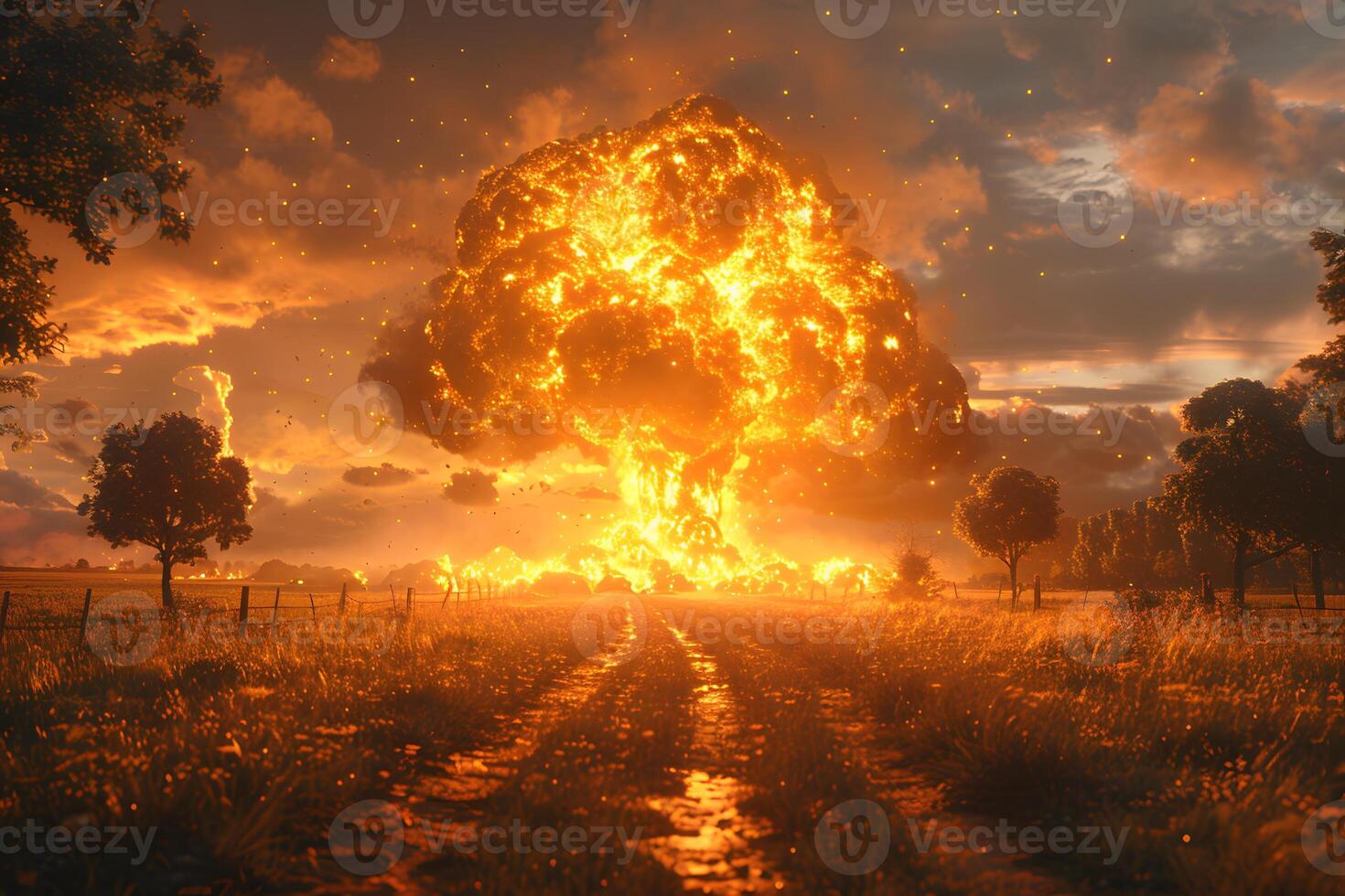 Dramatic Fiery Explosion in Serene Countryside Landscape Concept of Chaos in Nature photo