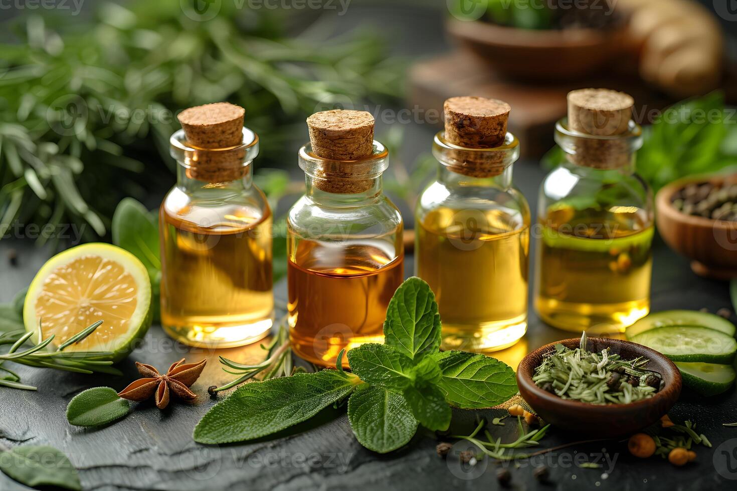 Natural Aromatherapy Essential Oils with Fresh Herbs and Spices for Holistic Wellness photo