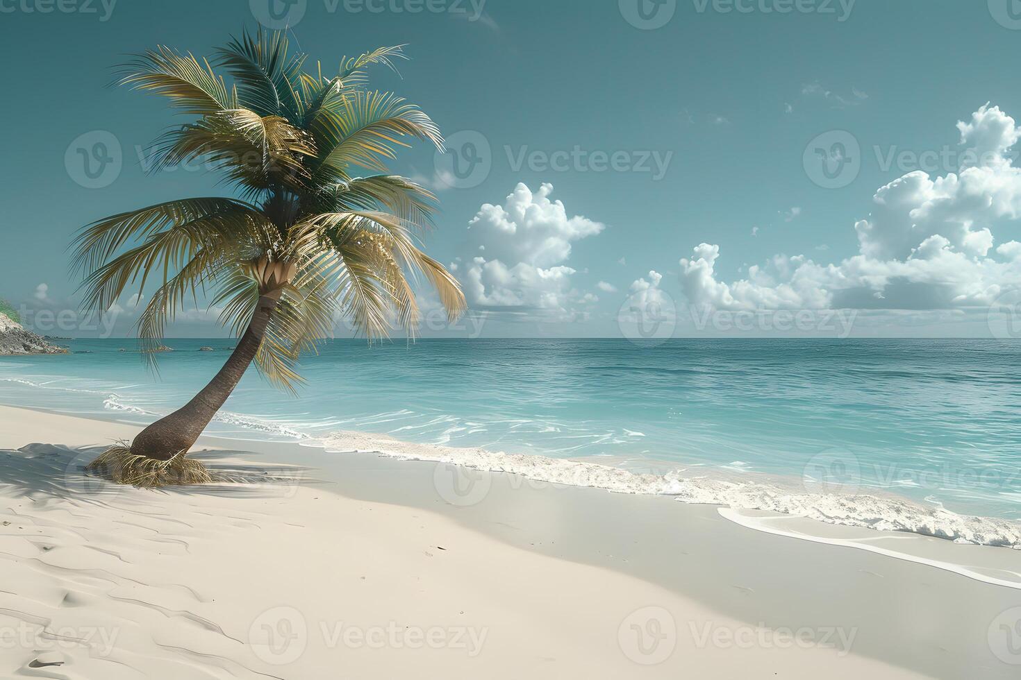 Serene Tropical Beach with Palm Tree Under Clear Sky photo