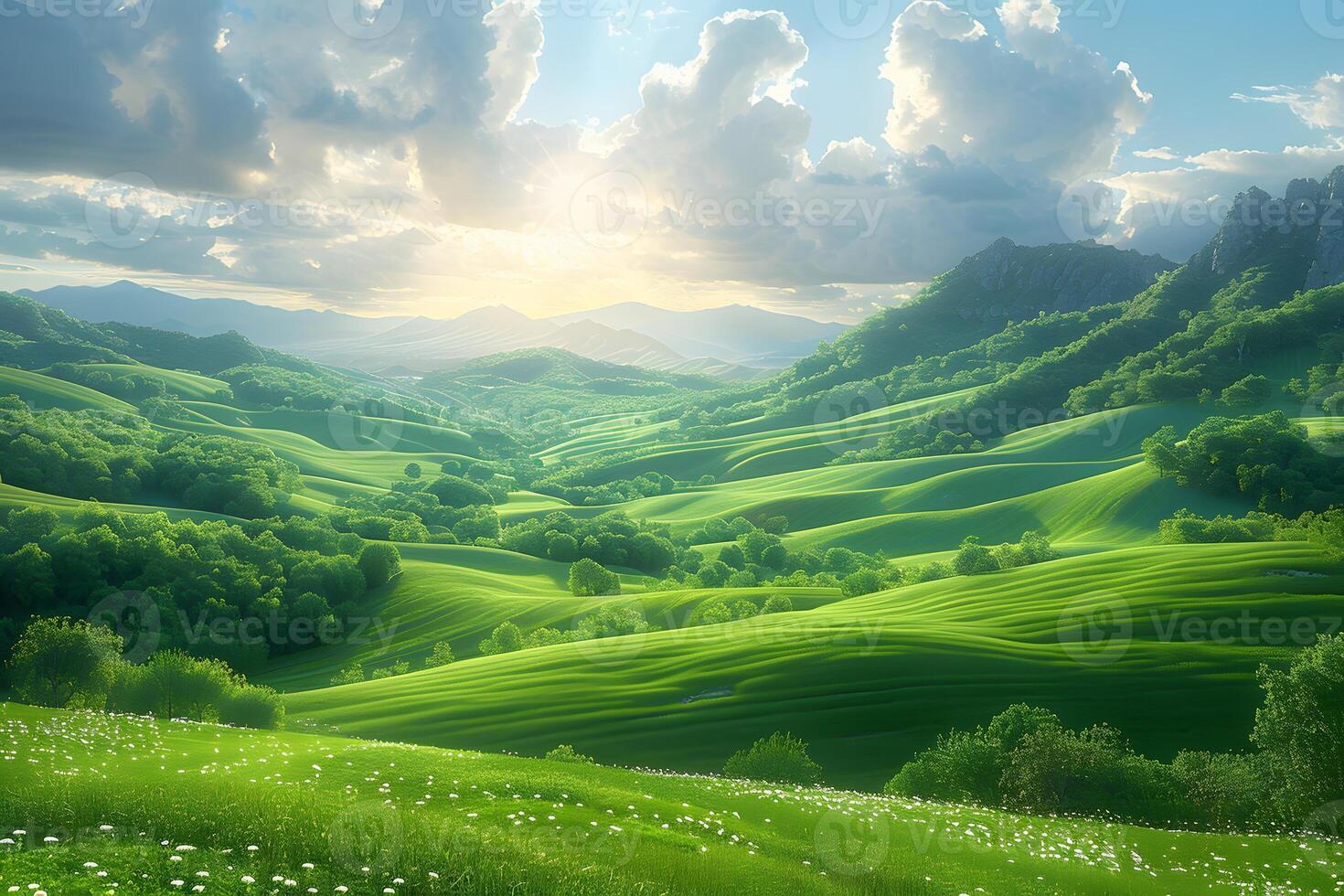 Majestic Landscape at Golden Hour with Rolling Hills and Dramatic Clouds for Wall Art and Nature Posters photo