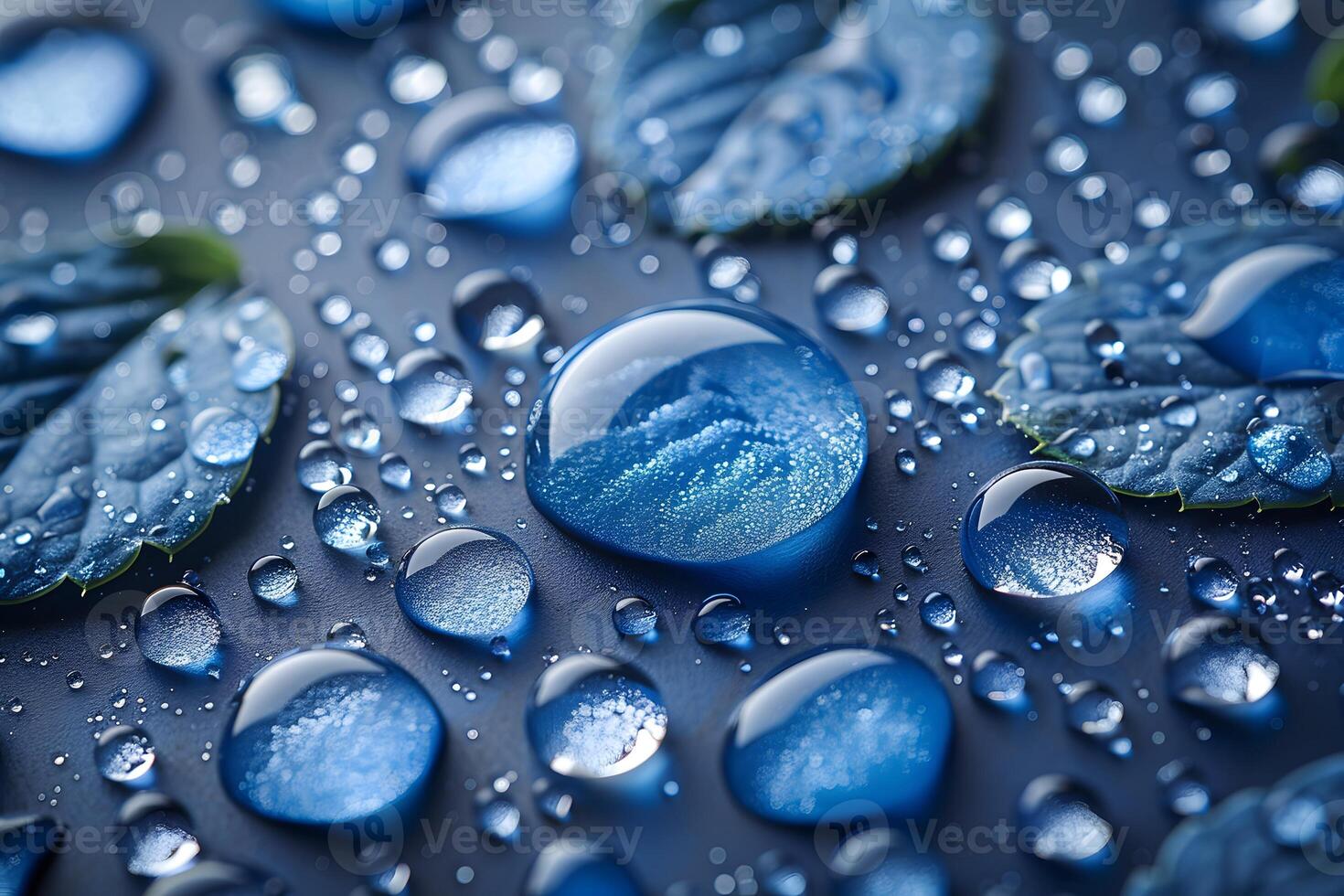 Freshness and Serenity Macro Photography of Water Droplets on Blue Leaves photo