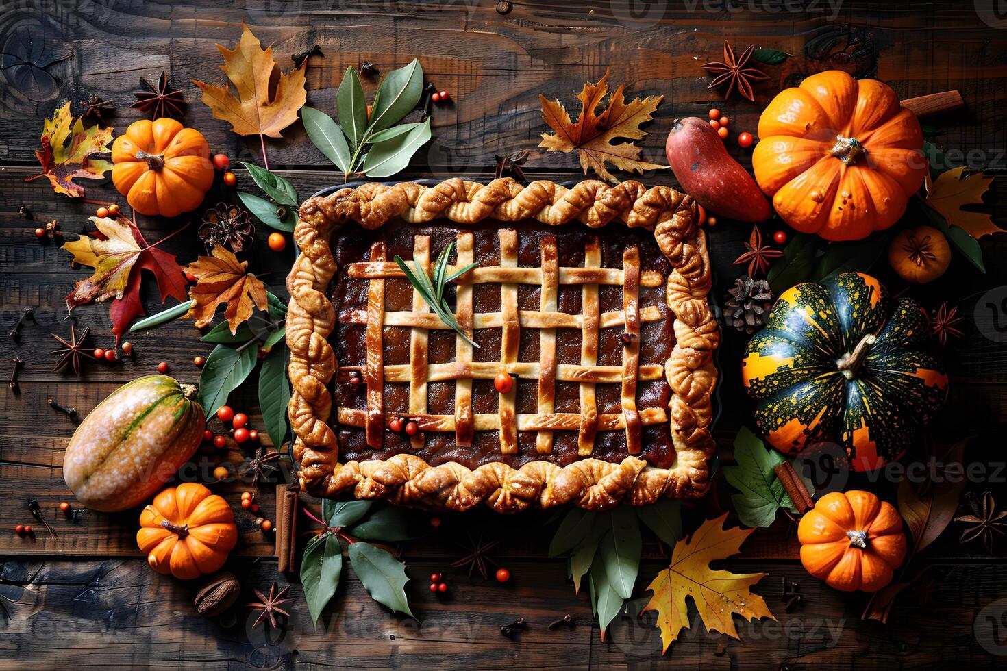 Autumn Harvest Pie with Lattice Crust Surrounded by Colorful Gourds and Leaves photo