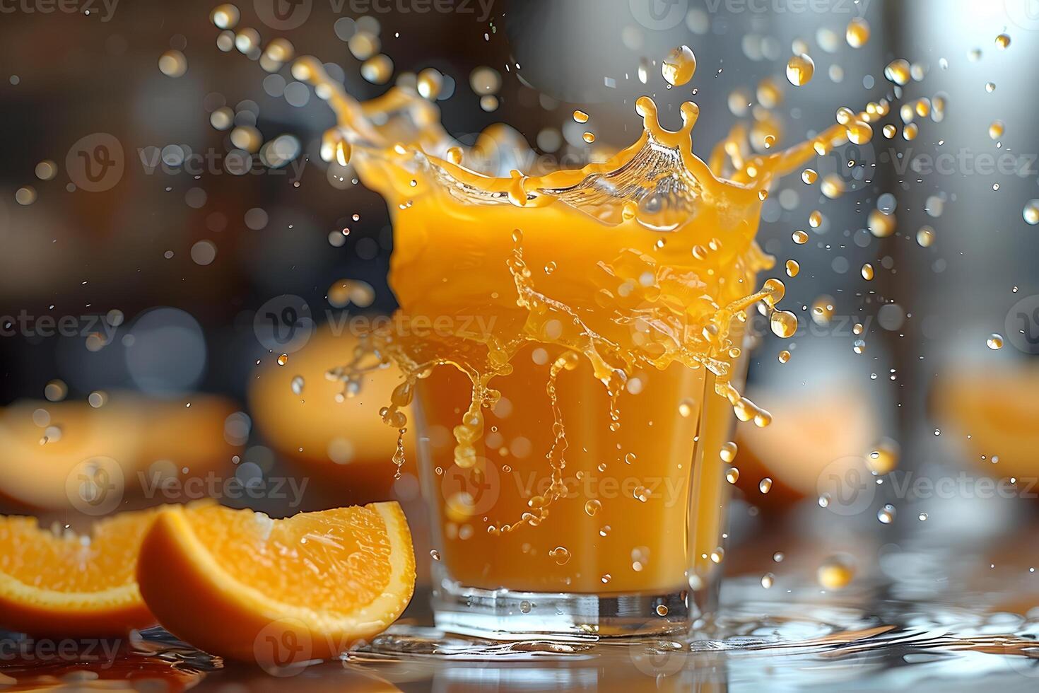 Refreshing Splash of Orange Juice with Fresh Citrus Slices photo