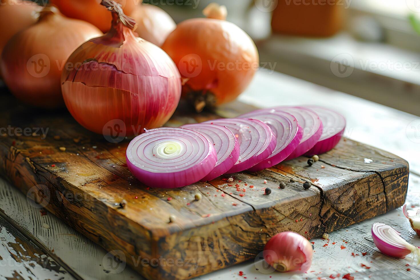 Sliced Red Onions on Rustic Wooden Board for Cooking Inspiration and Recipe Design photo