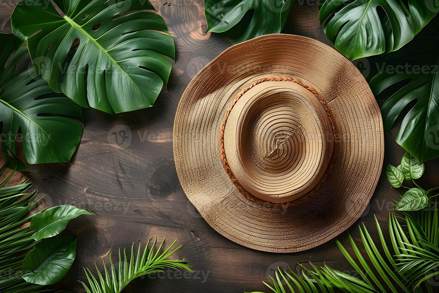 Tropical Summer Vibes with Straw Hat Among Lush Green Leaves for Travel and Vacation Concepts photo