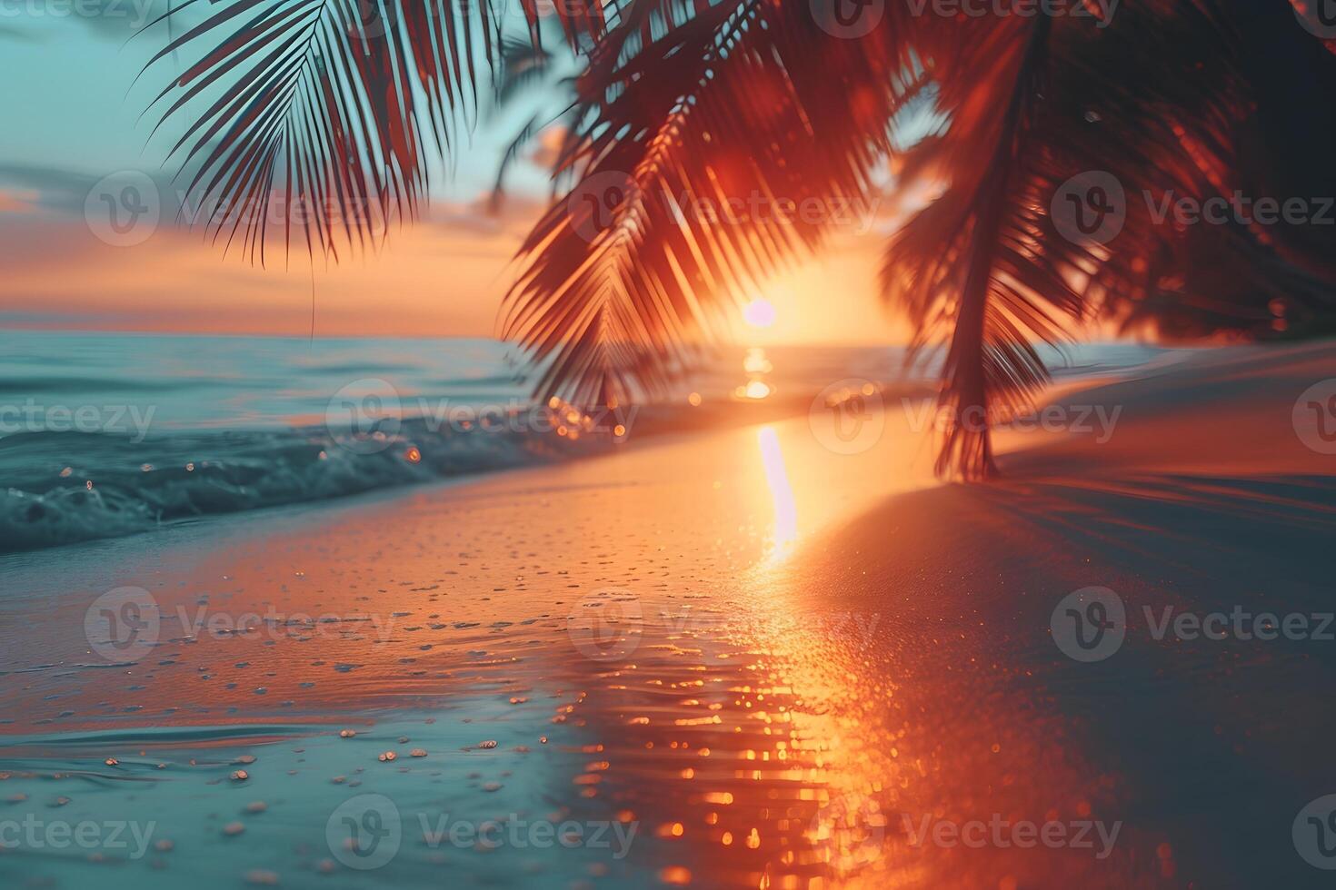 Serene Tropical Sunset on a Sandy Beach with Palm Tree Silhouettes photo