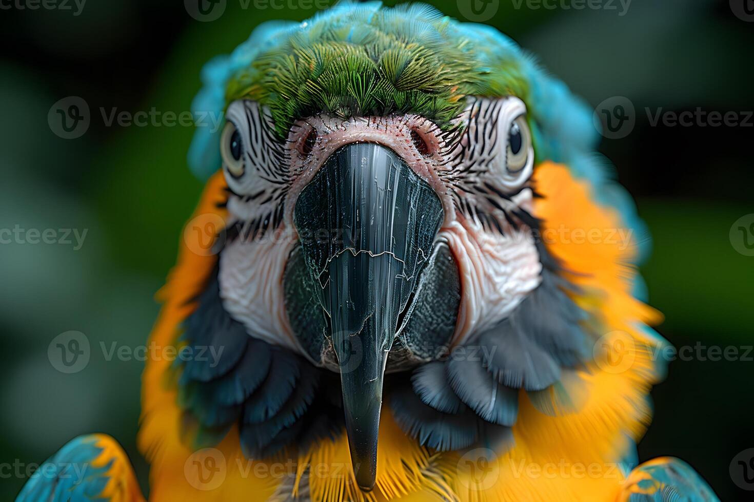 Close-Up Portrait of a Vibrant Blue and Yellow Macaw Parrot in Lush Greenery photo
