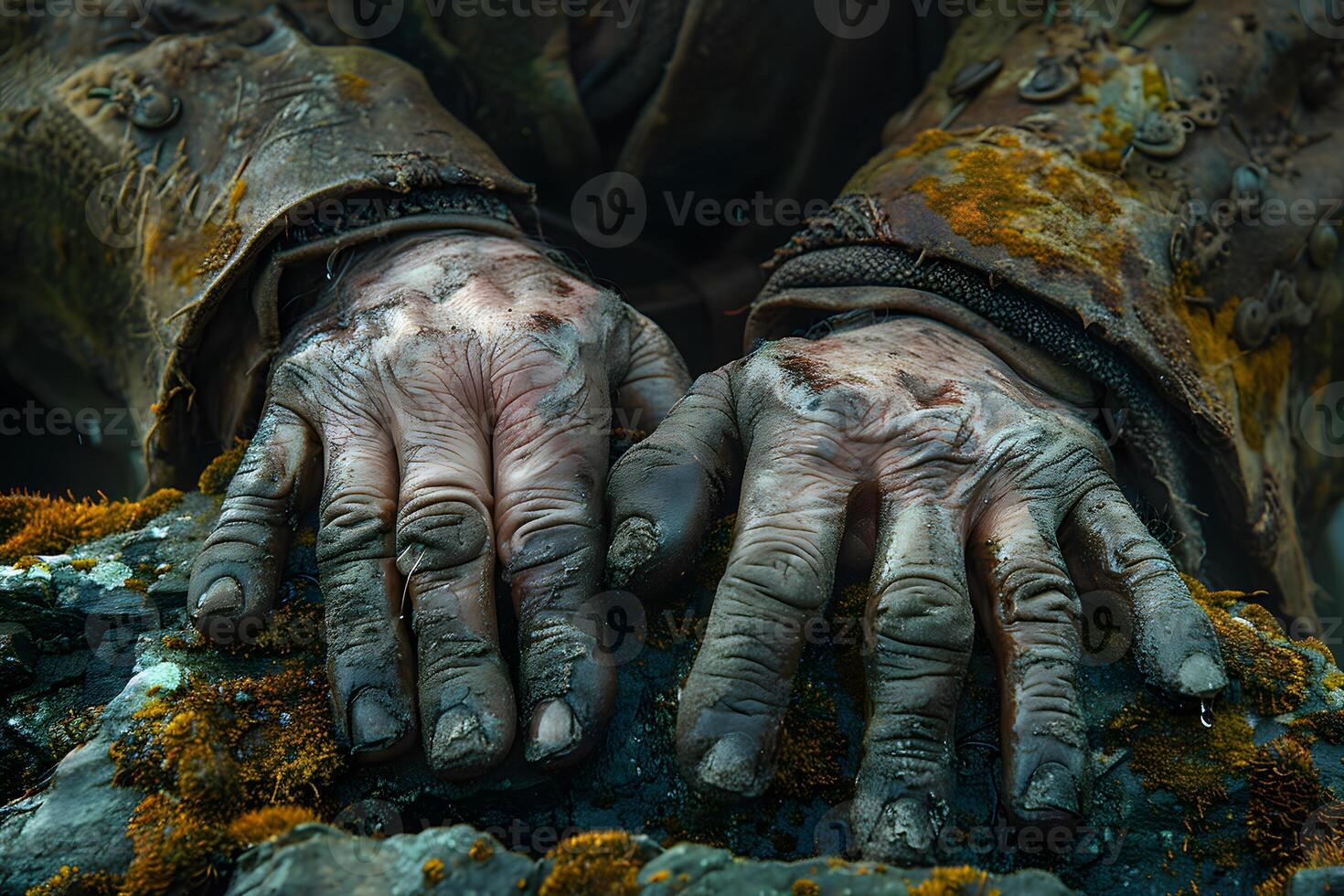 Weathered Hands on Mossy Rock for Adventure and Resilience Themes photo