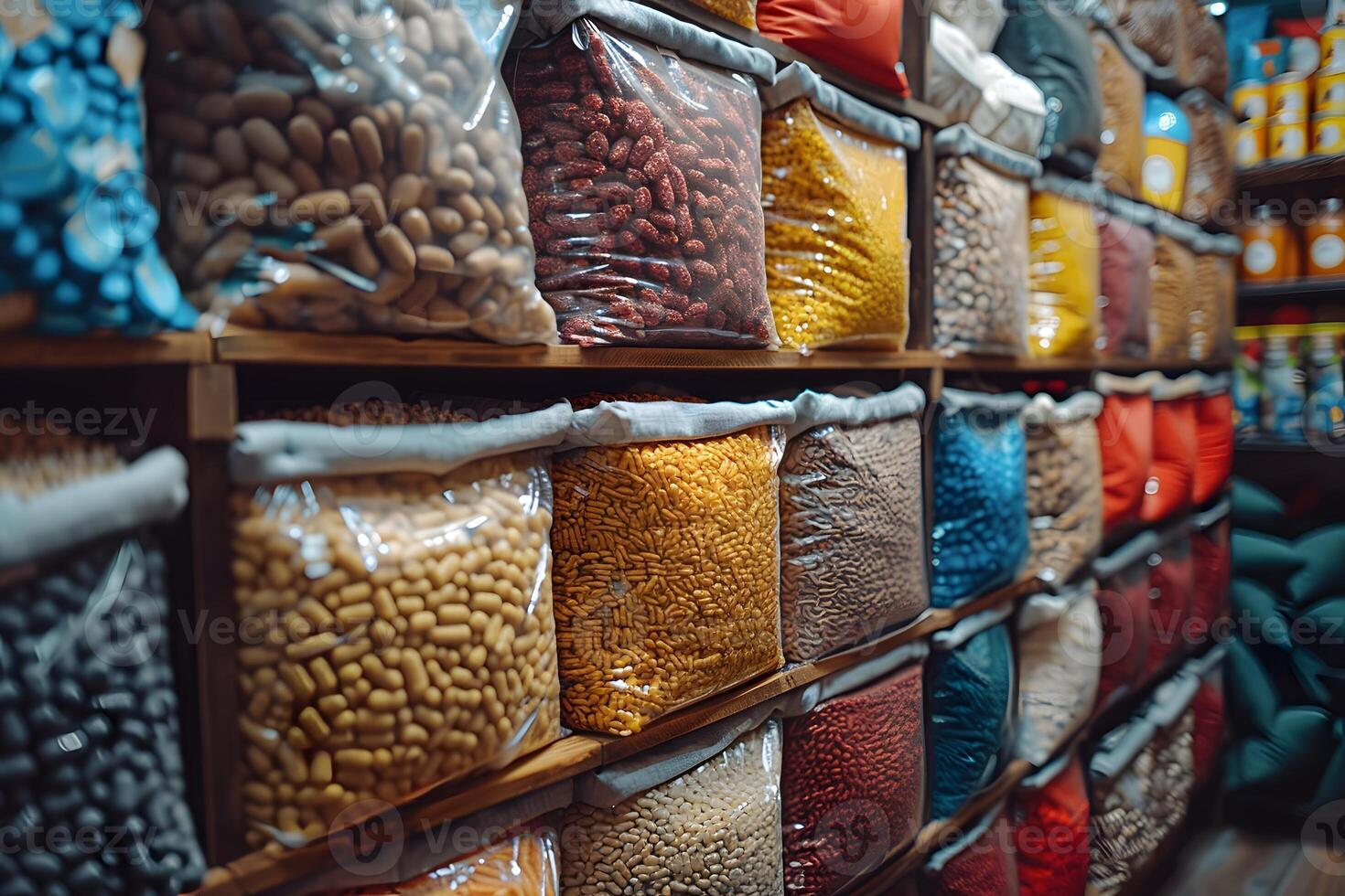 Variety of Colorful Dried Legumes and Grains on Display in Market Aisle for Culinary Inspiration photo