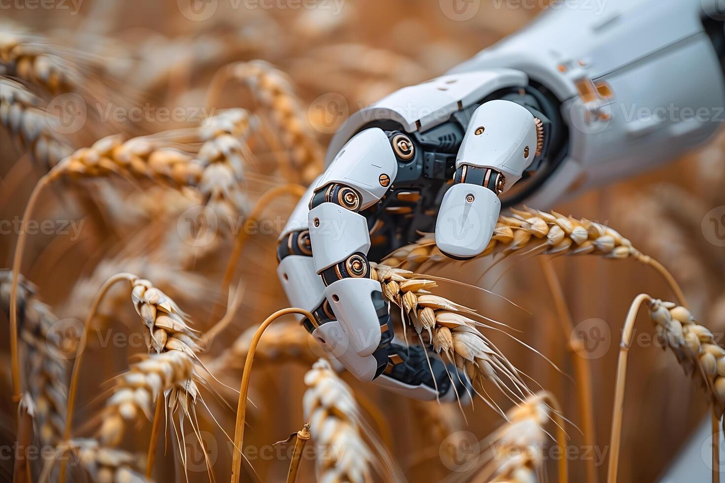 Futuristic Agriculture Robotic Hand Harvesting Wheat in a Field photo