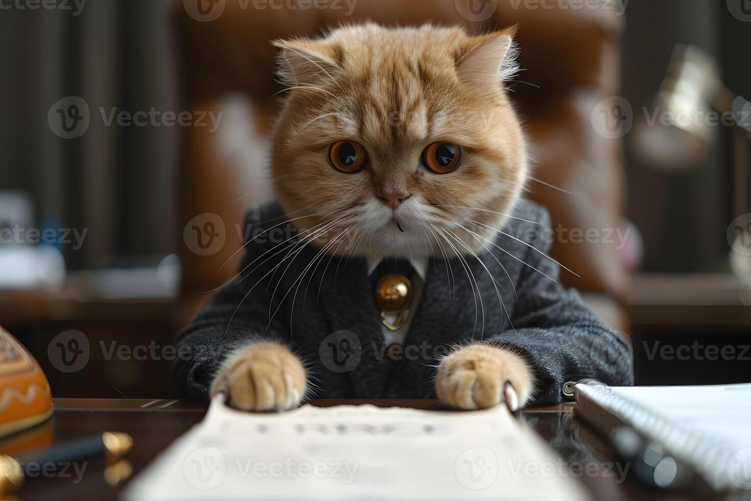 Business Cat in Office Attire at Desk with Papers and Books for Professional Concept Design photo
