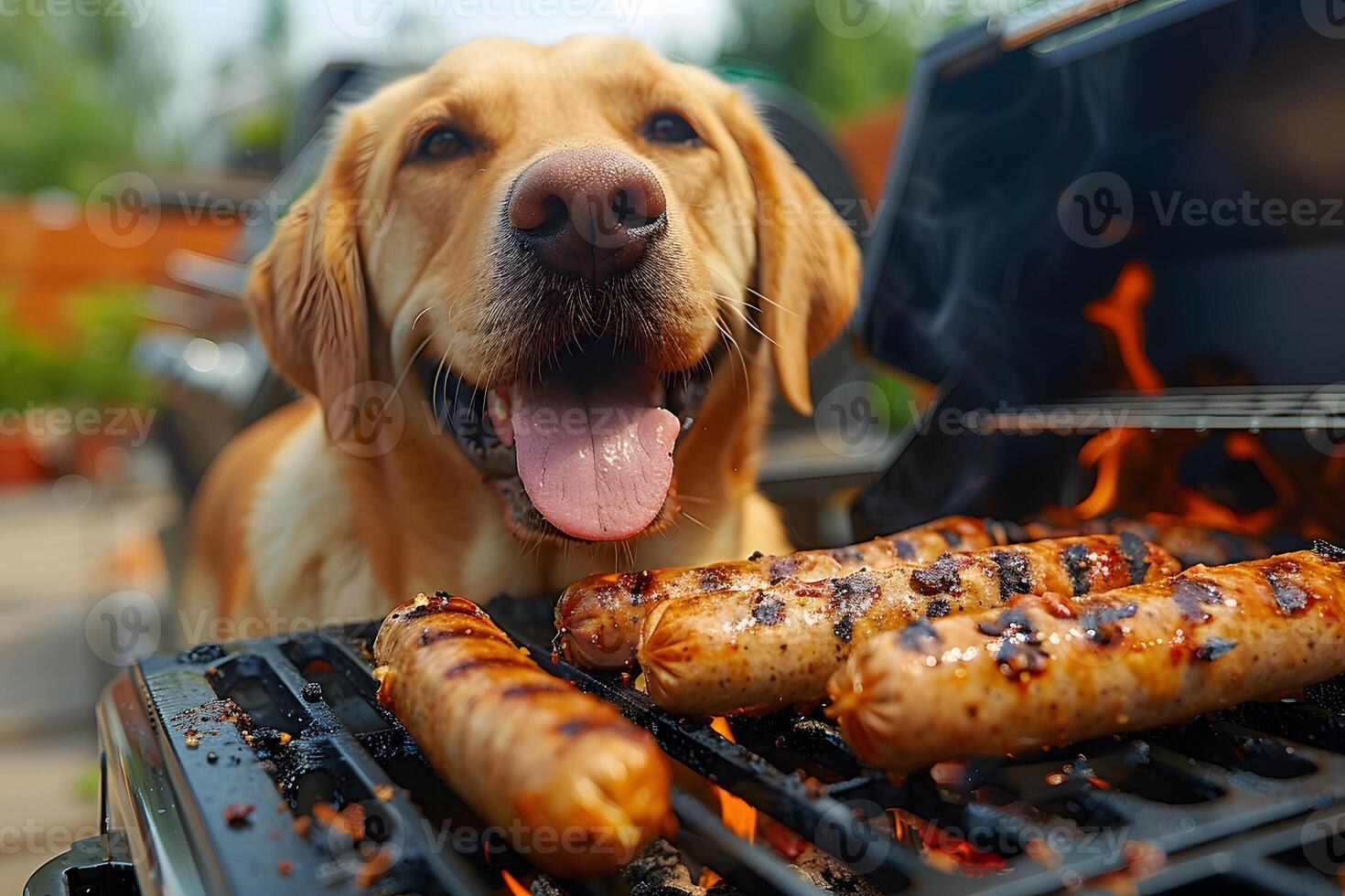 Golden Retriever Enjoying Summer BBQ with Grilled Sausages Outdoors photo