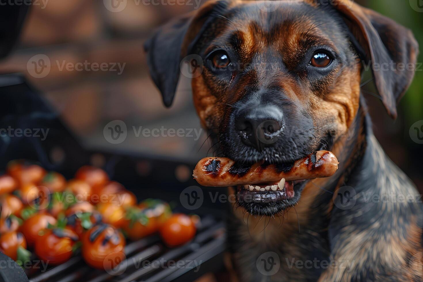 Playful Dog Holds Sausage by Grill with Roasted Veggies for Summer BBQ Inspiration photo