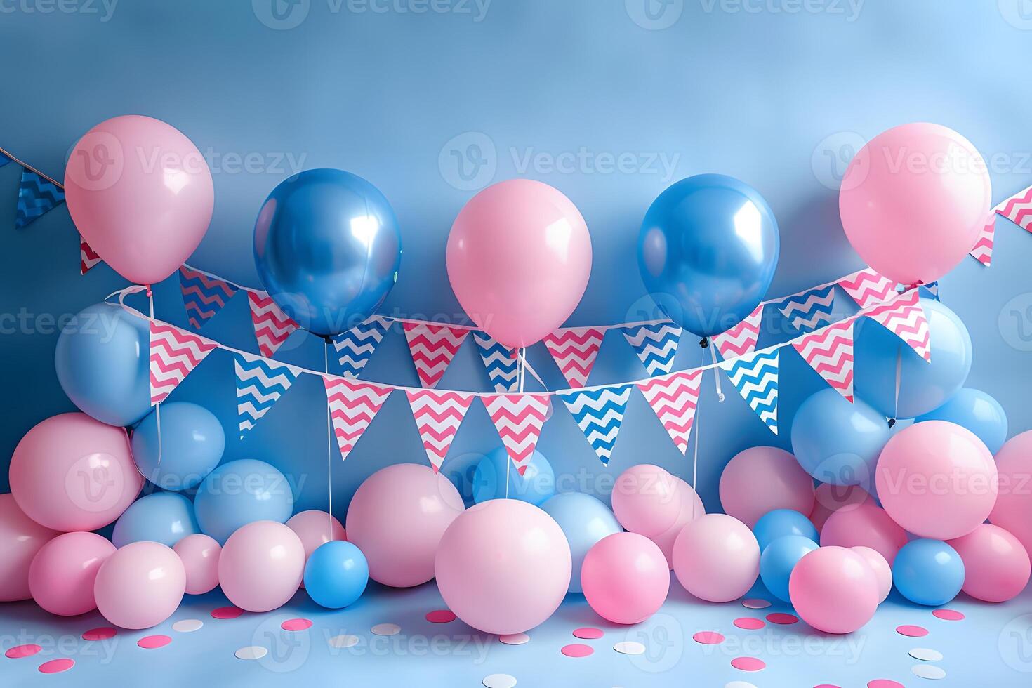 Pink and Blue Balloons with Festive Bunting for Gender Reveal or Baby Shower Decor photo