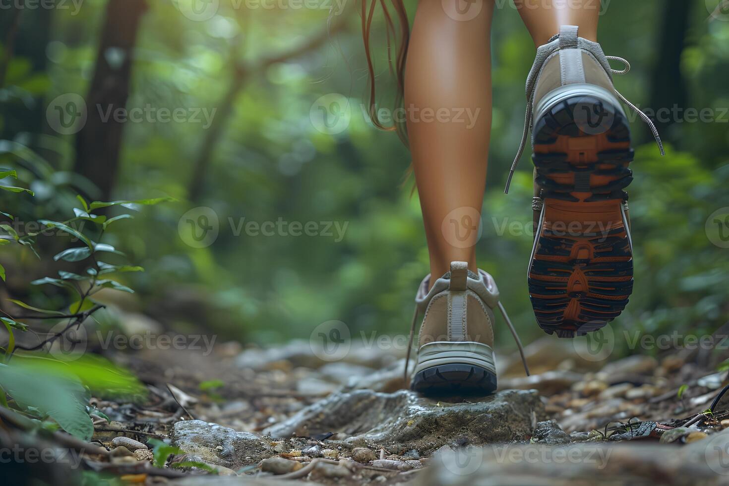 Nature Adventure Close-Up of Boots on a Forest Trail for Outdoor Exploration and Fitness Themes photo