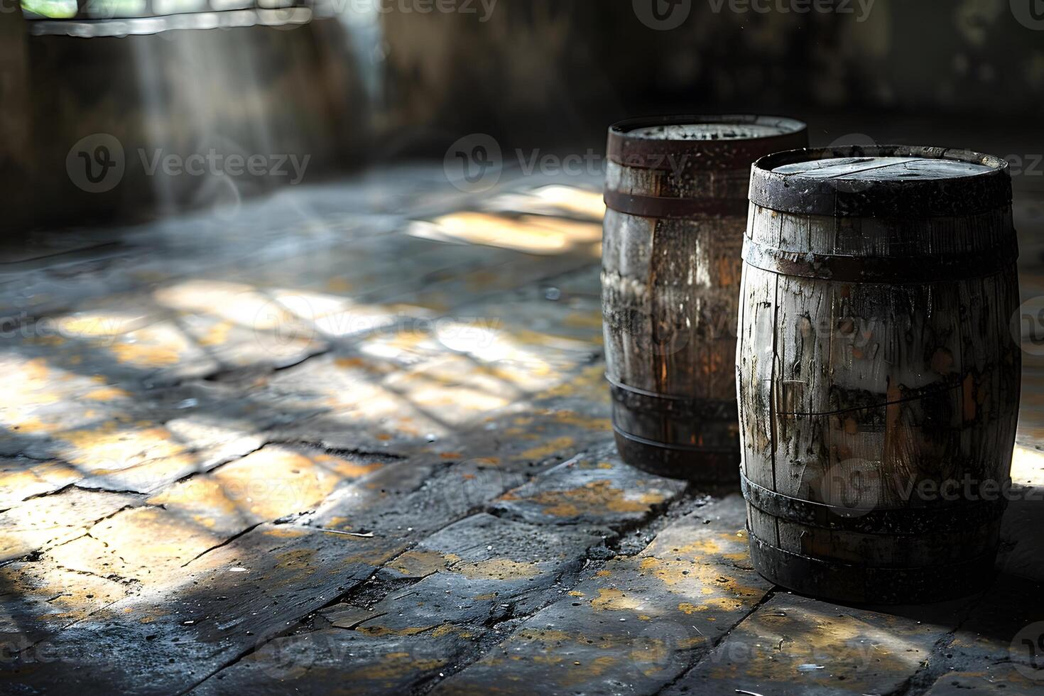 Vintage Wooden Barrels in Sunlit Abandoned Warehouse for Rustic Decor and Industrial Themes photo