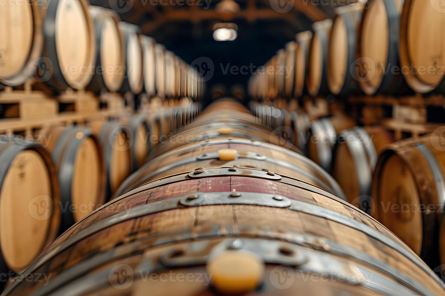 Wooden Barrels Aging Wine in a Dimly Lit Cellar Rustic Winery Atmosphere for Wine Enthusiasts and Producers photo