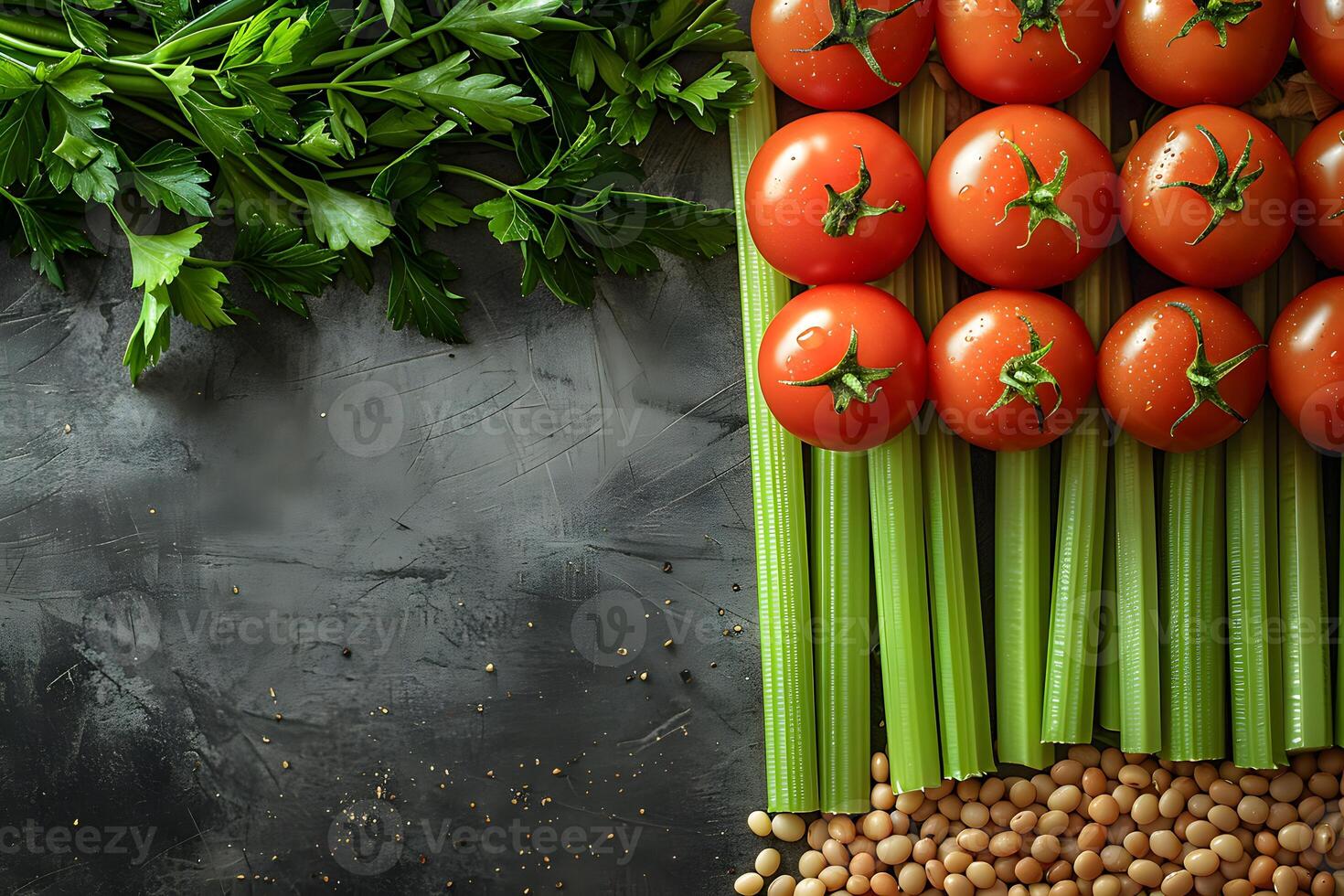 Fresh Ingredients Display with Tomatoes, Celery, and Soybeans on a Rustic Table photo