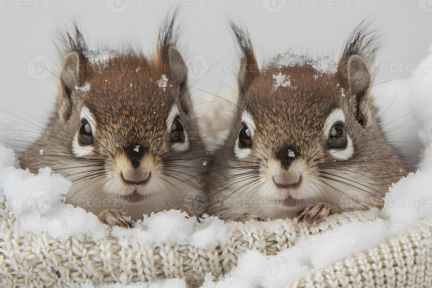 Adorable Squirrels Nestled in Snowy Knit Winter Wildlife Photography photo
