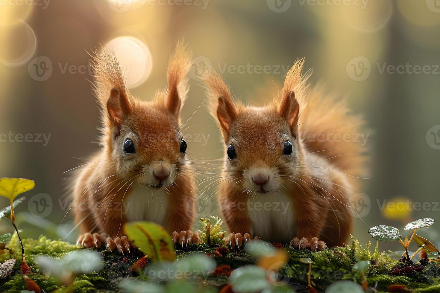 Adorable Pair of Red Squirrels on Mossy Forest Floor at Dawn photo