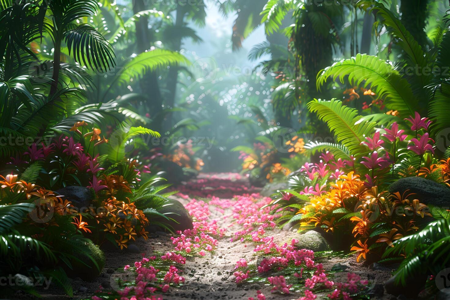 Lush Tropical Jungle Pathway with Vibrant Flowers and Sunlit Foliage for Nature and Relaxation Themes photo