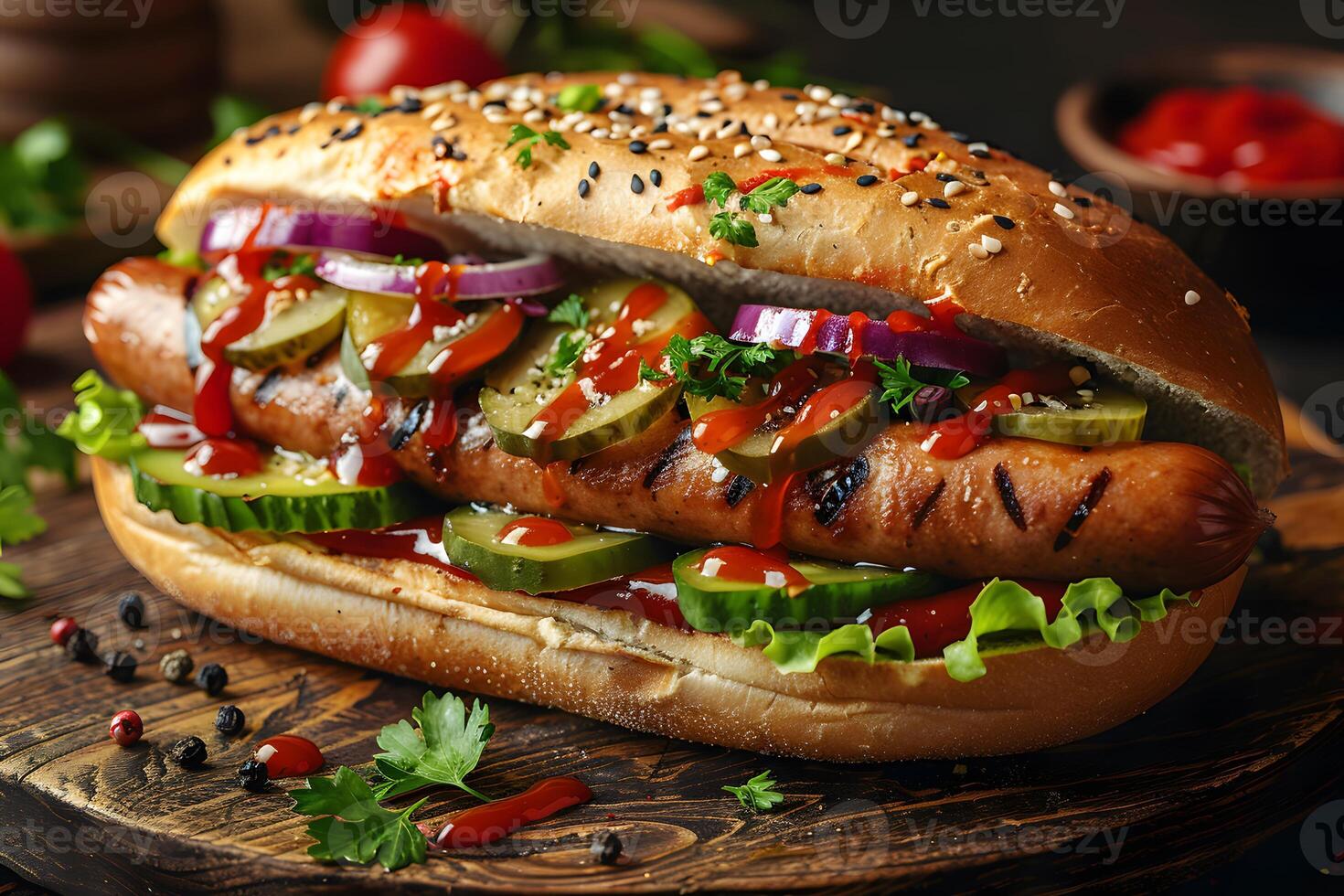 Gourmet Grilled Hot Dog with Fresh Vegetables and Sesame Seed Bun for Summer Barbecue photo