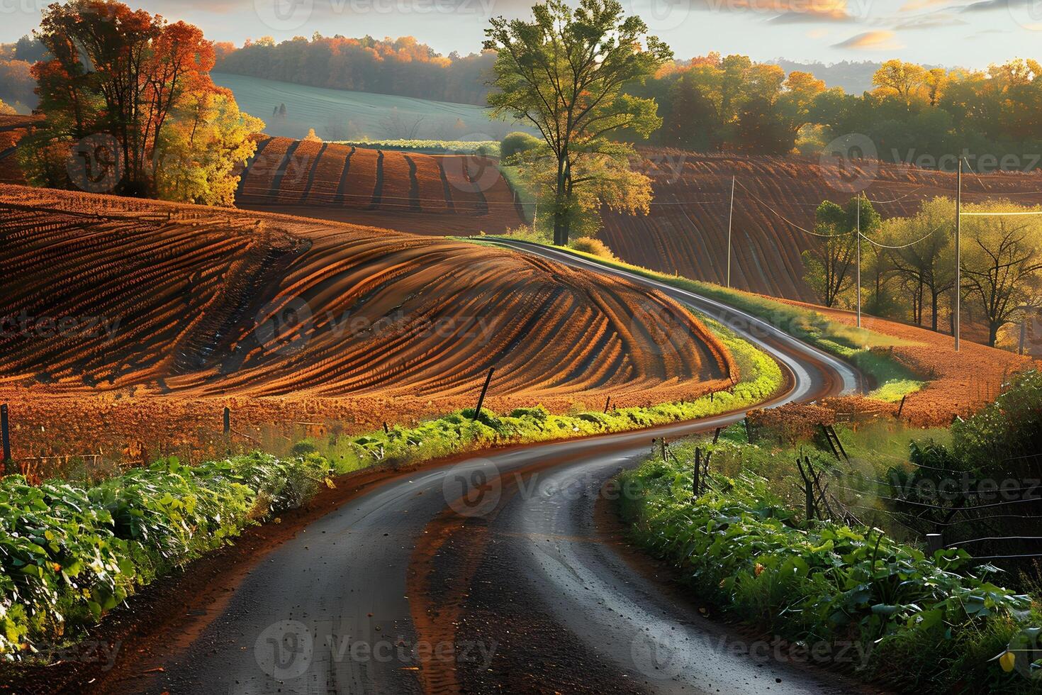 Mesmerizing Autumn Landscape with Winding Country Road and Vibrant Foliage photo