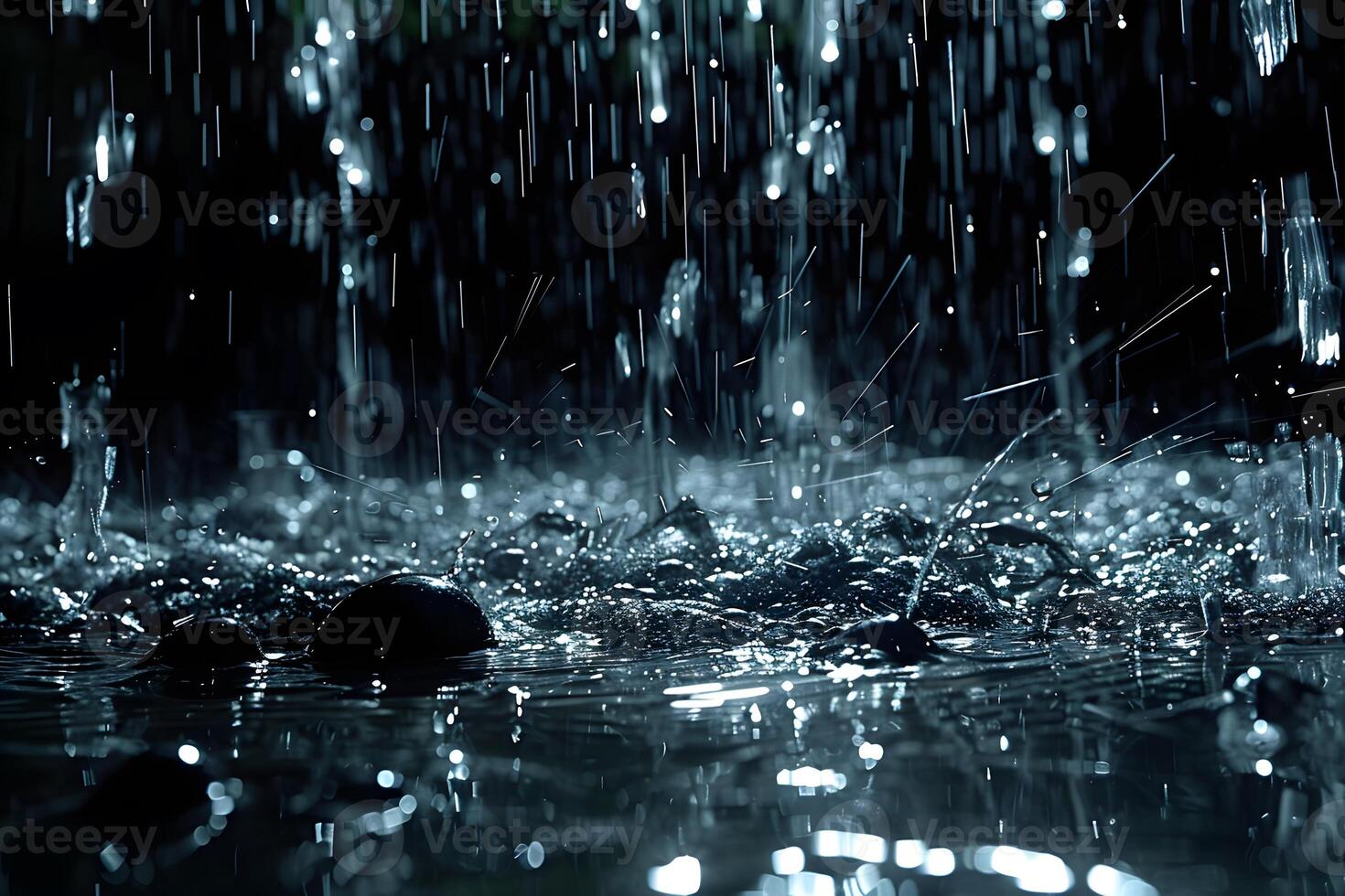 Dramatic Rainfall Scene with Drops Splashing on Water Surface in Low Light photo