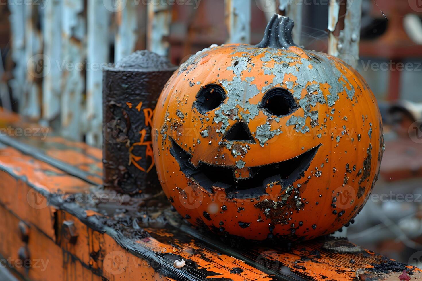 Rustic Halloween Pumpkin with Weathered Grinning Face for Spooky Decor photo