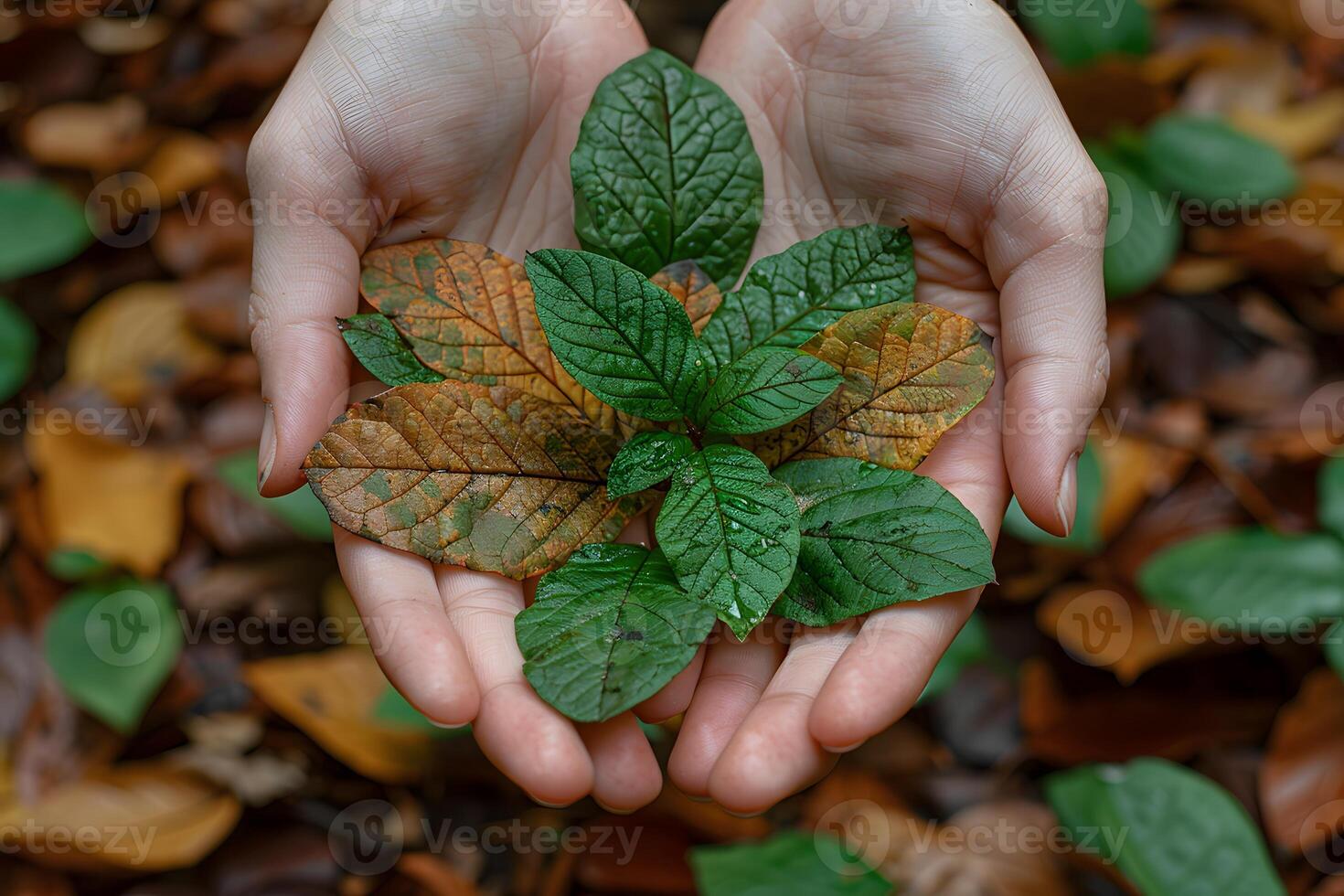 Nature's Embrace Hands Holding Green Leaves Celebrating Natural Growth photo