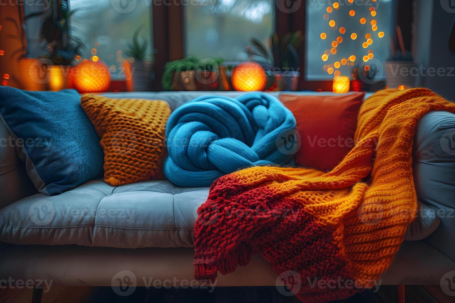 Cozy Winter Living Room Scene with Bright Knitted Blankets and Ambient Lights photo