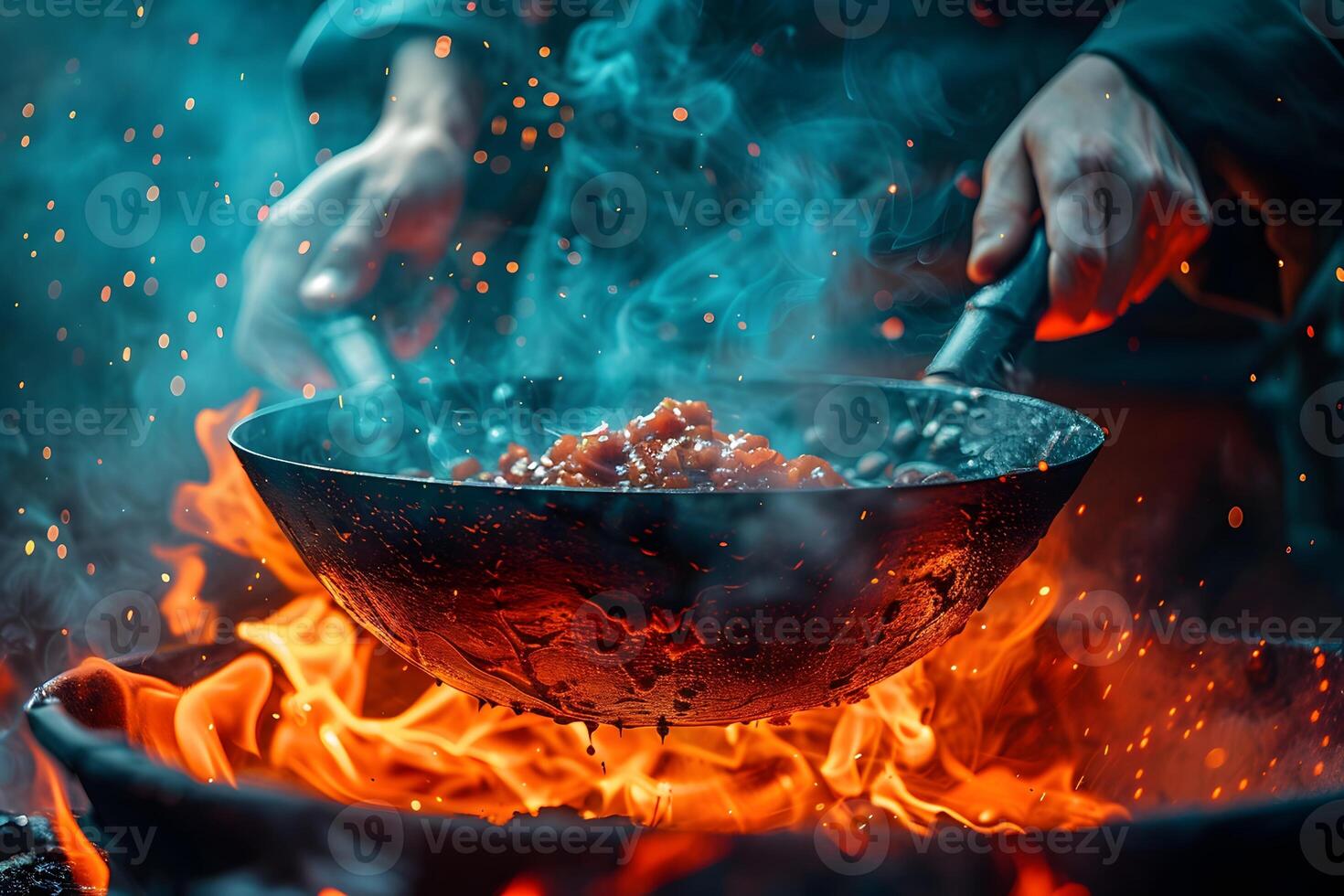 Dynamic Culinary Art Stir-Frying Techniques with Flame and Motion photo