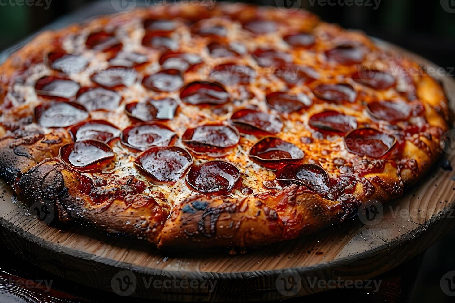 Delicious Pepperoni Pizza with Charred Crust on Rustic Wooden Board photo